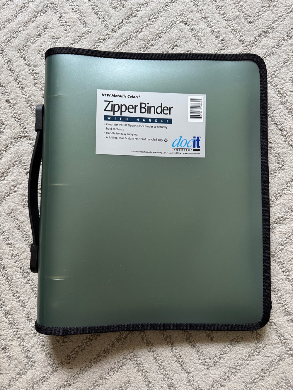 Metallic Green Zipper Binder with Handle